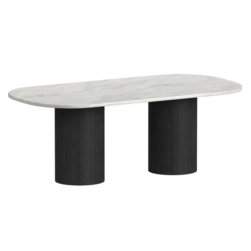 Sylvie Oval Dining Table with White Faux Marble Top in Black with Grain