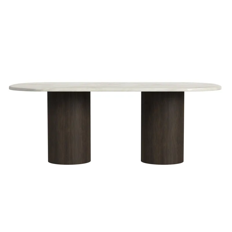 Sylvie Oval Dining Table with White Faux Marble Top in Dark Brown