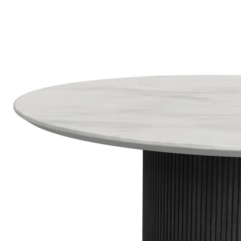 Sylvie Round Dining Table with White Faux Marble Top in Black with Grain