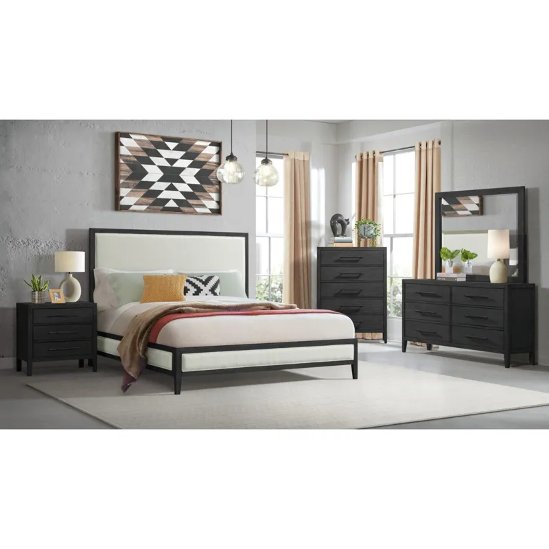 Versailles Contemporary Queen White Fabric Panel Bed with Low Footboard in Black