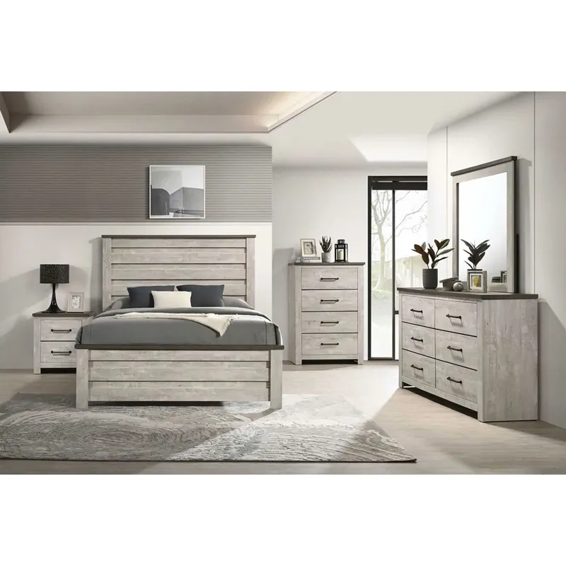 Watters Queen Panel Bed in Dark Grey and White Wash