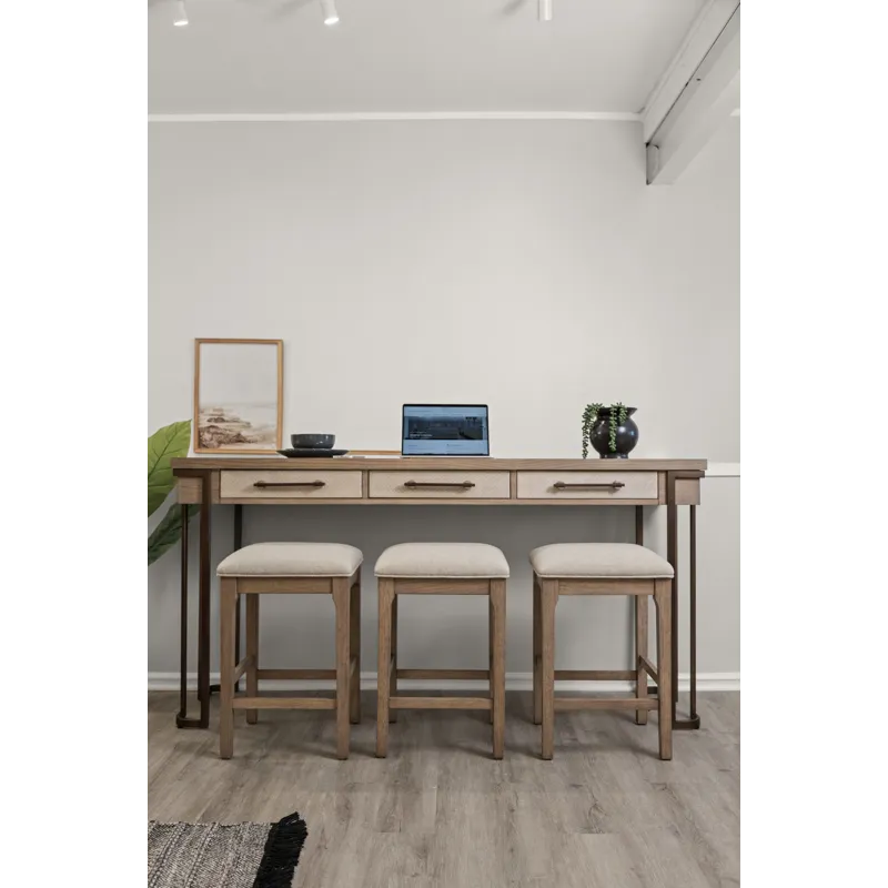 Rio Vista - 3-Drawer Console with Power Strip, USB-A and USB-C Port and 3 Stools - Muted Earth Tones and Clay Finish