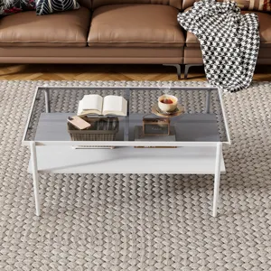Rectangle Coffee Table With Tempered Glass Top And White Legs, Modern Table For Living Room - Gray