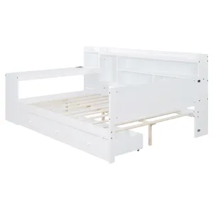 Full Size Wooden Daybed With 3 Drawers, USB Ports And Desk - White