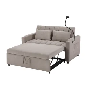 Convertible Sofa Bed Loveseat Sofa With Three USB Ports, Two Side Pockets, Two Cup Holders And 360° 