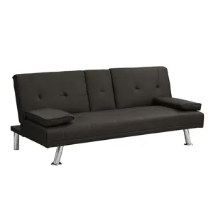 Sofa Bed With Armrest Two Holders Wood Frame, Stainless Leg, Futon - Brown