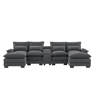 Modern U Shaped Sofa With Console, Cupholders And USB Ports, 6 Seat Upholstered Symmetrical Indoor F