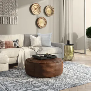 Connor - 34" Round Coffee Table Pouf - Distressed Brown