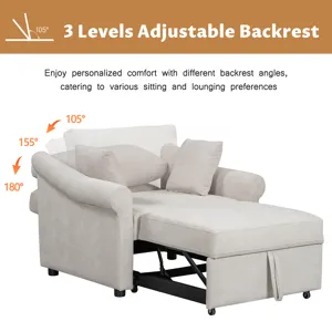 Chenille Convertible Sleeper Chair With Adjustable Backrest, 3 In 1 Lounger Chair Turns Into Bed, Si
