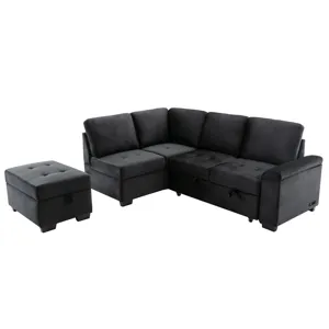 Sleeper Sectional Sofa, L-Shape Corner Couch Sofa Bed With Storage Ottoman & Hidden Arm Storage & US