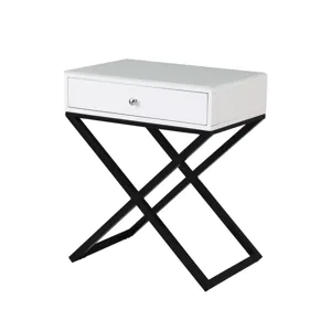 Koda - Wooden End Side Table Nightstand With Glass Top, Drawer And Metal Cross Base - White