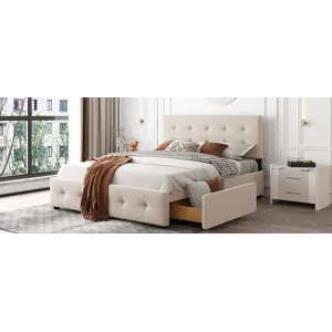 Queen Size Upholstered Platform Bed With Classic Headboard And 4 Drawers, No Box Spring Needed - Bei