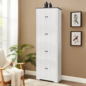 Tall Storage Cabinet With 8 Doors And 4 Shelves, Wall Storage Cabinet For Living Room, Kitchen, Offi
