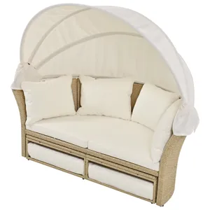Outdoor Patio Daybed Wicker Rattan Double Daybed Round Sofa Furniture Set With Retractable Canopy, 4