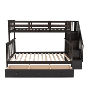 Twin Over Full Stairway Bunk Bed With Drawer, Storage And Guard Rail For Bedroom, Dorm, For Adults -
