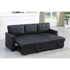 Upholstered Pull Out Sectional Sofa With Chaise - Black