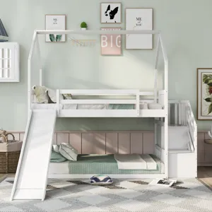 Twin Over Twin House Bunk Bed With Convertible Slide, Storage Staircase - White