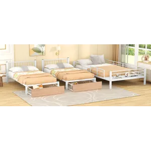 Full Over Twin & Twin Bunk Bed, Metal Triple Bunk Bed With Drawers And Guardrails - White