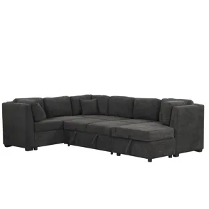 U-Shaped Sectional Sofa Pull Out Sofa Bed With Two USB Ports, Two Power Sockets, Three Back Pillows 