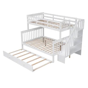 Twin Over Full Bunk Bed With Twin Size Trundle, Storage And Guard Rail For Bedroom, Dorm, For Adults