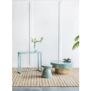 Unique Hyperion Capiz Inlay Drum Coffee Table With Gold Pedestal Base - Multi