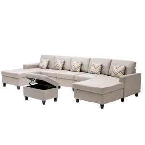 Nolan - Linen Fabric 6 Piece Double Chaise Sectional Sofa With Interchangeable Legs, Storage Ottoman
