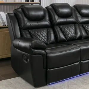 Home Theater Seating Manual Recliner Chair With Center Console And Led Light Strip For Living Room -