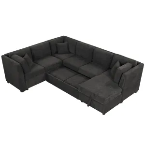 U-Shaped Sectional Sofa Pull Out Sofa Bed With Two USB Ports, Two Power Sockets, Three Back Pillows 