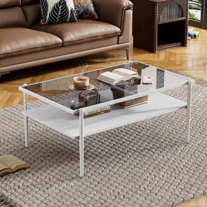 Rectangle Coffee Table With Tempered Glass Top And White Legs, Modern Table For Living Room - Gray