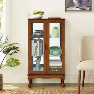 Curio Cabinet Lighted Curio Diapaly Cabinet With Adjustable Shelves And Mirrored Back Panel, Tempere
