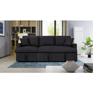 Paisley - Linen Fabric Reversible Sleeper Sectional Sofa With Storage Chaise - Black
