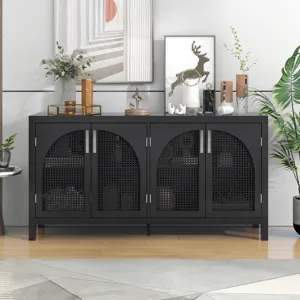 Large Storage Space Sideboard With Artificial Rattan Door And Metal Handles For Living Room And Entr