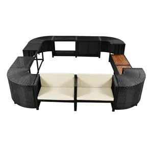Spa Surround Spa Frame Quadrilateral Outdoor Rattan Sectional Sofa Set With Mini Sofa, Wooden Seats 