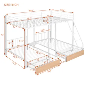 Full Over Twin & Twin Bunk Bed, Metal Triple Bunk Bed With Drawers And Guardrails - White