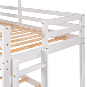 Twin Over Twin Bunk Bed Wood Bed & Roof, Window, Guardrail, Ladder - White