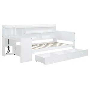Twin Size Wooden Daybed With 3 Drawers, USB Ports And Desk - White