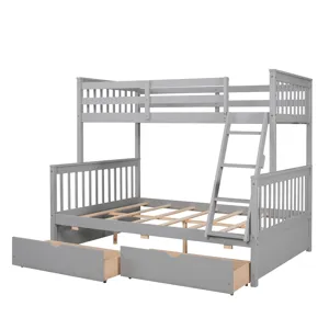 Twin Over Full Bunk Bed With Ladders And Two Storage Drawers - Gray