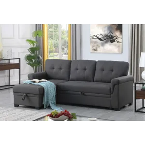 Lucca - Linen Reversible Sleeper Sectional Sofa With Storage Chaise - Dark Gray