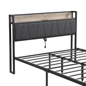 Queen Size Metal Platform Bed Frame With Upholsteryolstery Storage Function Headboard And USB Liner 