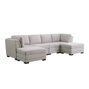 Kristin - Linen Fabric Reversible Sectional Sofa With 2 Ottomans - Light Gray