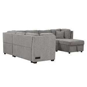 U-Shaped Sectional Sofa Pull Out Sofa Bed With Two USB Ports, Two Power Sockets, Three Back Pillows 