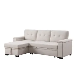 Lucca II  - 84.5\"W Beige Woven Fabric Reversible Sleeper Sectional Sofa With Storage Chaise and Poc