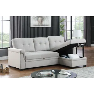 Lucca - Linen Reversible Sleeper Sectional Sofa With Storage Chaise - Light Gray