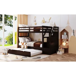Twin Over Twin Bunk Bed With Twin Size Trundle And 3 Storage Stairs - Espresso