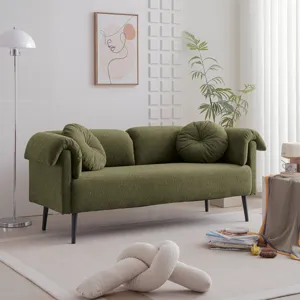 Modern Lamb Wool Sofa With Decorative Throw Pillows For Small Spaces - Emerald