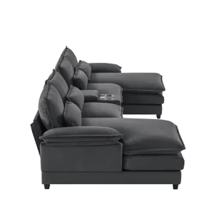 Modern U Shaped Sofa With Console, Cupholders And USB Ports, 6 Seat Upholstered Symmetrical Indoor F