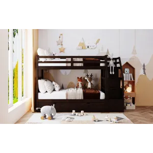 Twin Over Twin Bunk Bed With Twin Size Trundle And 3 Storage Stairs - Espresso