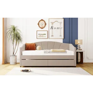 Twin Size Upholstered Daybed With Two Drawers And Wood Slat - Beige
