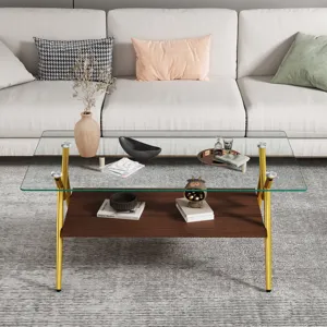 Rectangle Coffee Table With Tempered Glass Top And Golden Metal Legs, Modern Table For Living Room, 