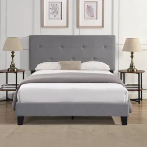 Full Size Upholstered Platform Bed Frame With Modern Button Tufted Linen Fabric Headboard, No Box Sp